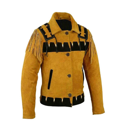 Yellow leather jacket with black accents and fringes - Native Leather Shop