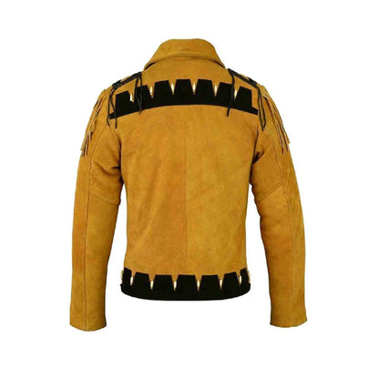 Yellow leather jacket with black trim on a white background - Native Leather Shop